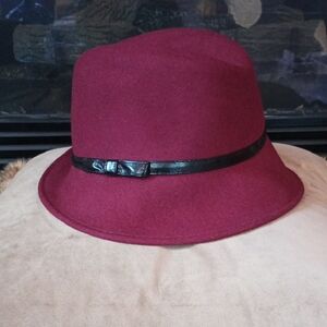 Womens Burgundy Wool Felt Cloche Hat with Black Trim